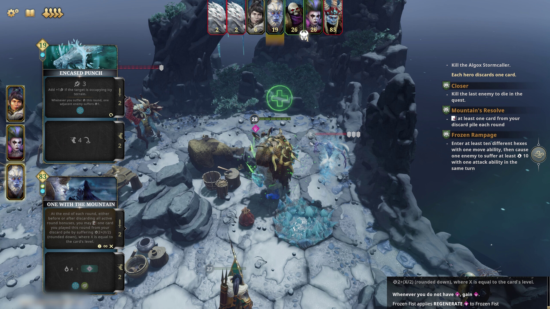 Frosthaven 1.0 review — the party battles monsters across a snowy hex-grid scenario