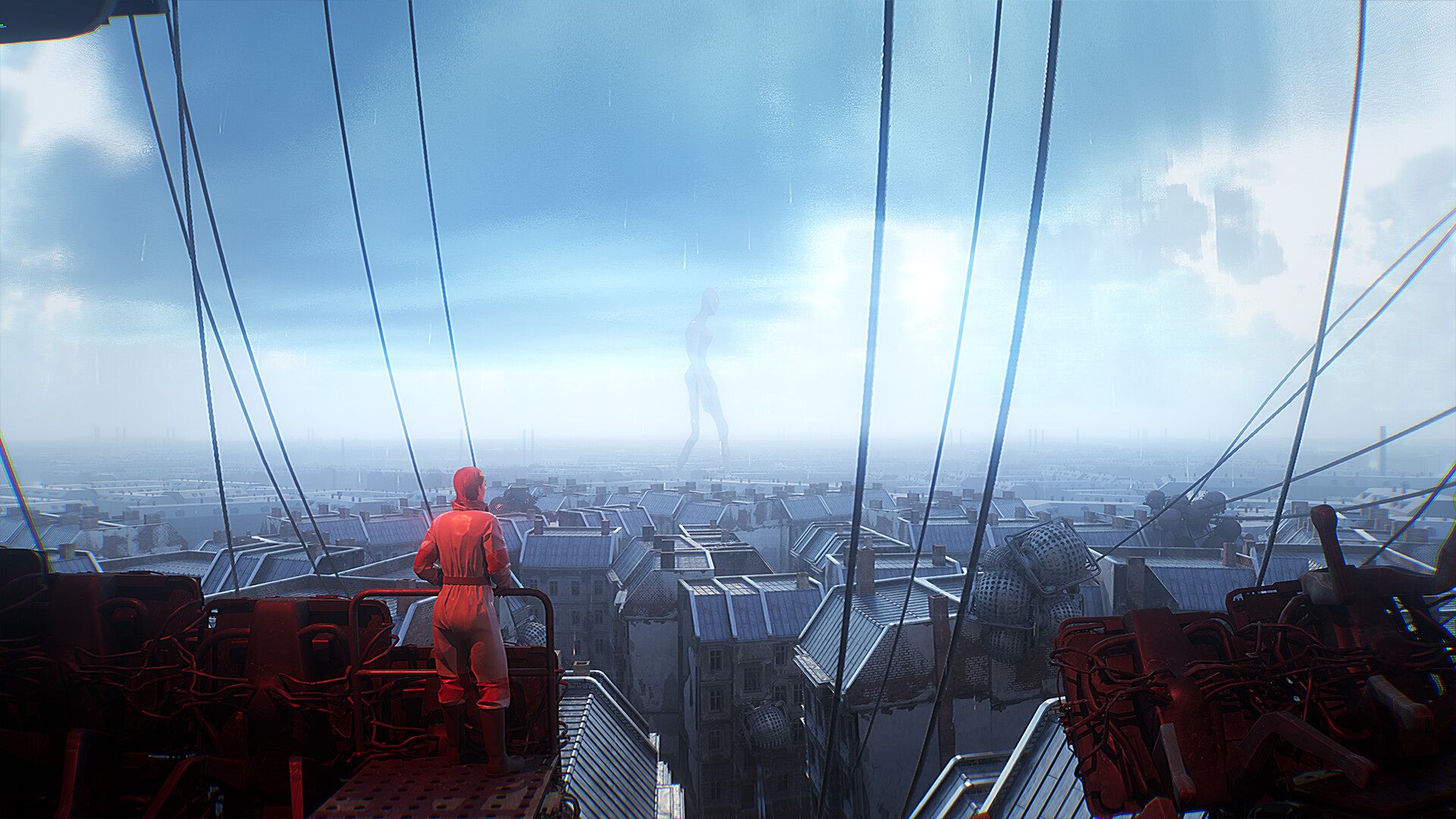 INDUSTRIA 2 gameplay screenshot — Nora exploring a boreal environment with machine structures