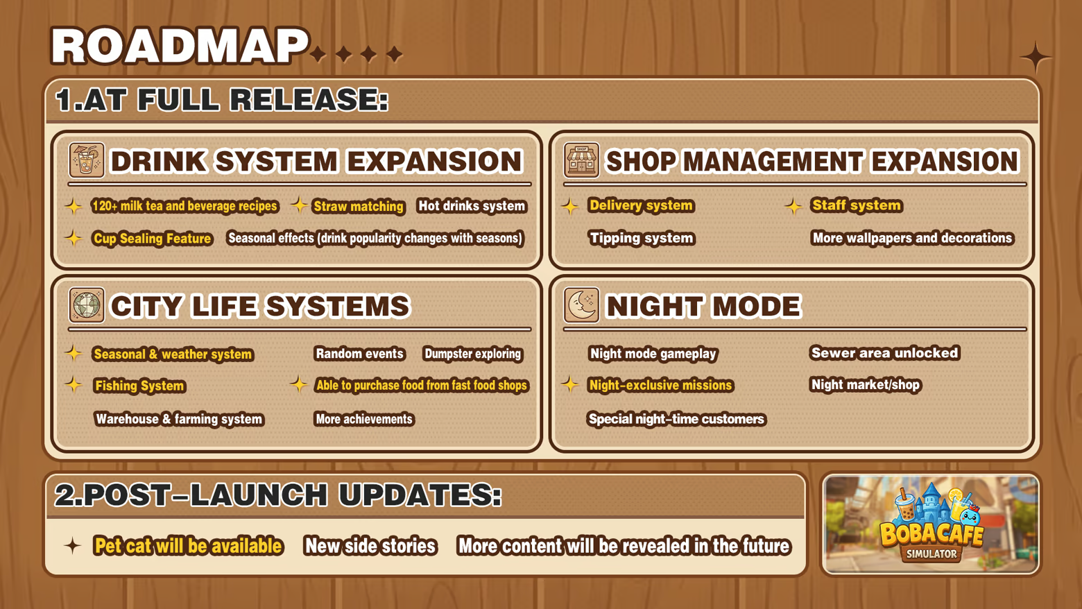 Boba Cafe Simulator roadmap Caikemi full release drink system shop management city life night mode post-launch pet cat