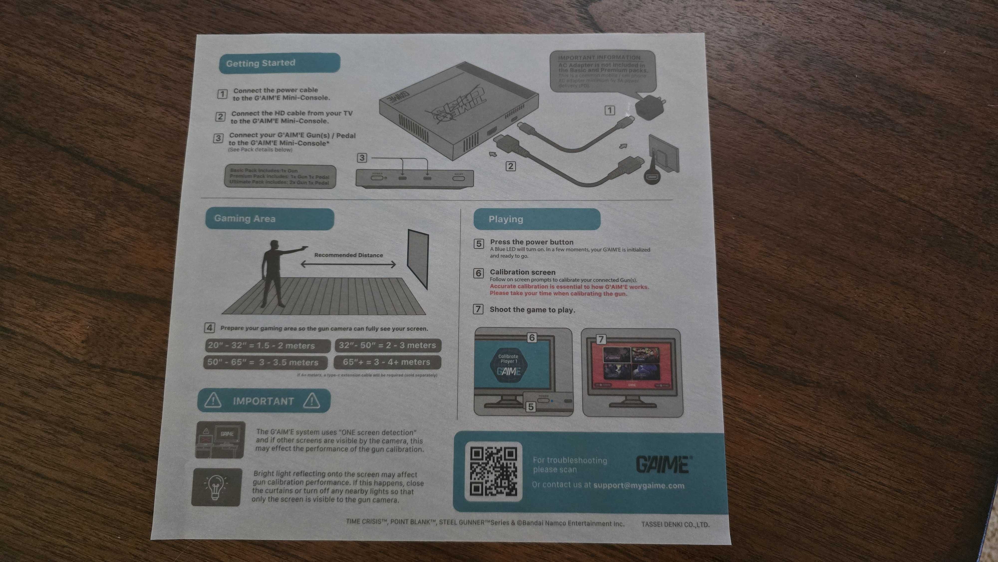 GAIME getting started instruction sheet setup guide gaming area distance calibration