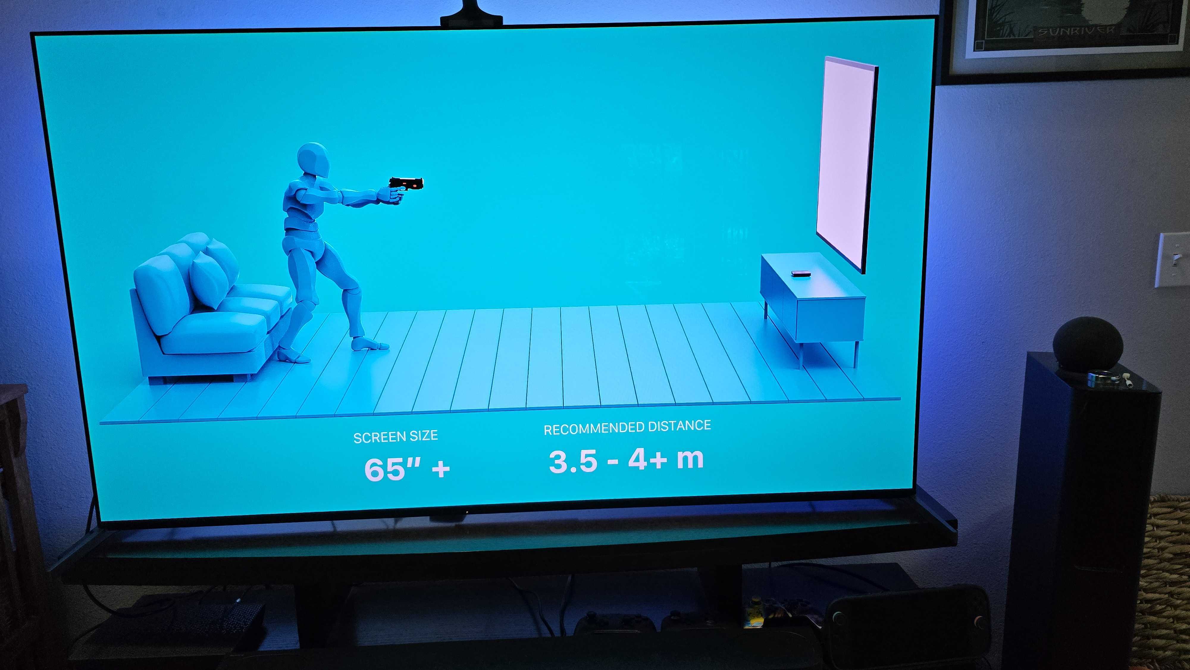 GAIME screen size recommended distance 65 inch plus 3.5 to 4 metres calibration guidance
