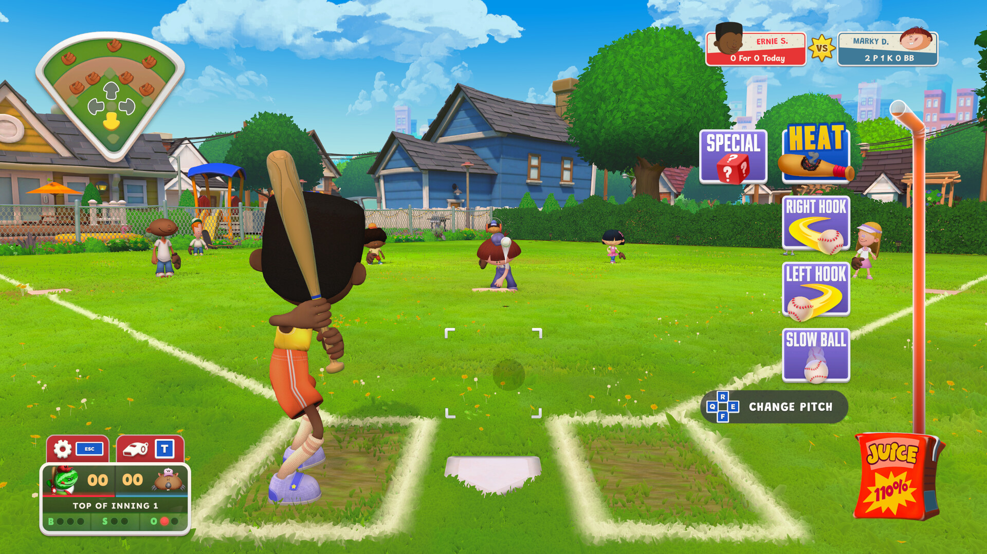 Backyard Baseball review character roster pitching hitting couch co-op arcade baseball Steam 2026