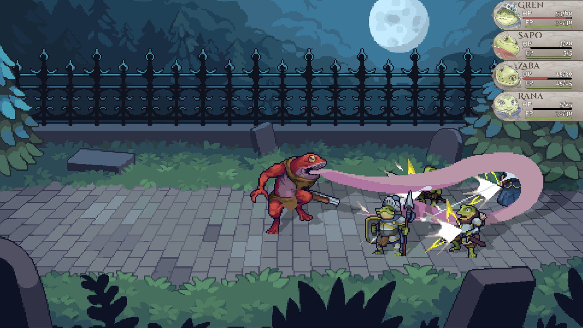 Amphibian JARCORP Interactive frog RPG battle scene pixel art tactical turn-based combat