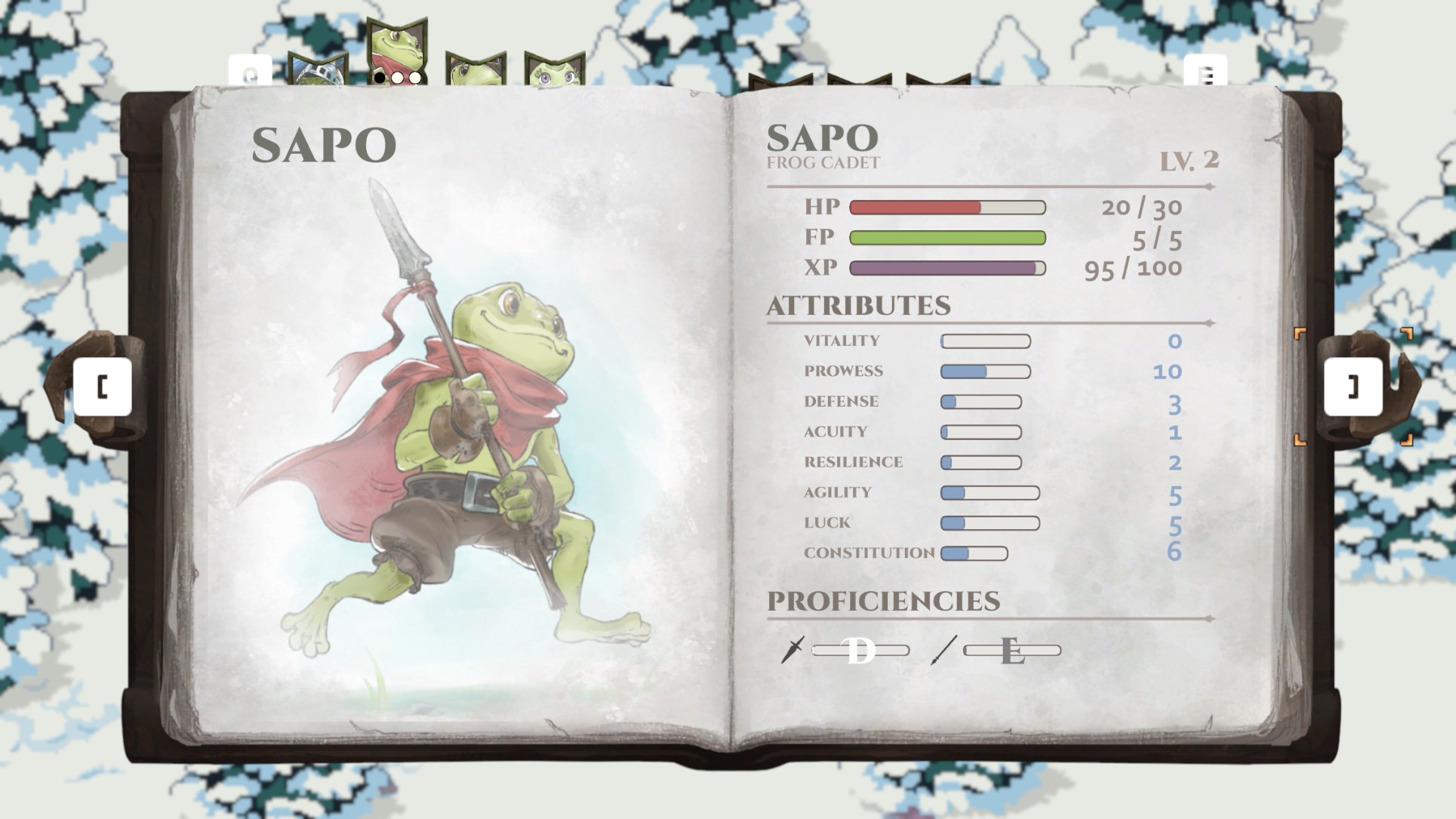 Amphibian JARCORP Interactive frog stats screen tactical turn-based RPG Super2D character progression