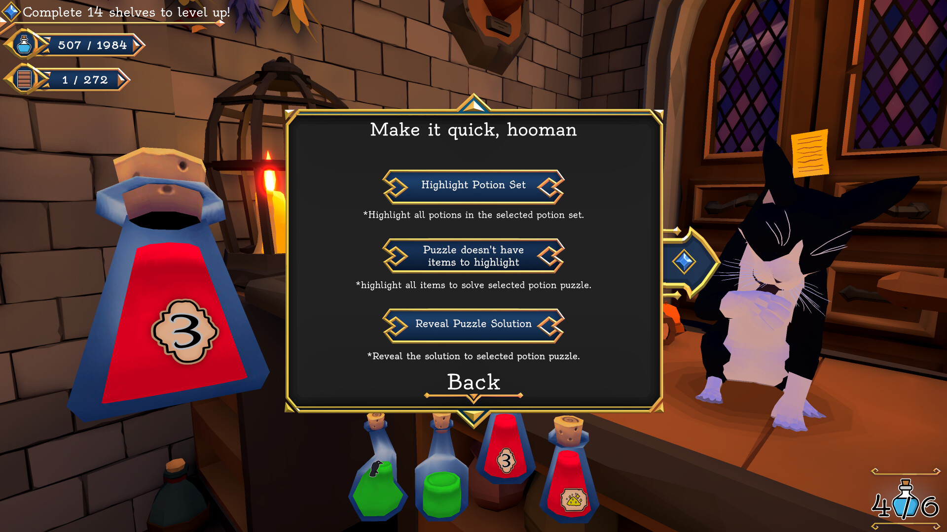 Shelve the Potions review — organizing colour-coded potions on shelves in the witch's enchanted cellar workshop