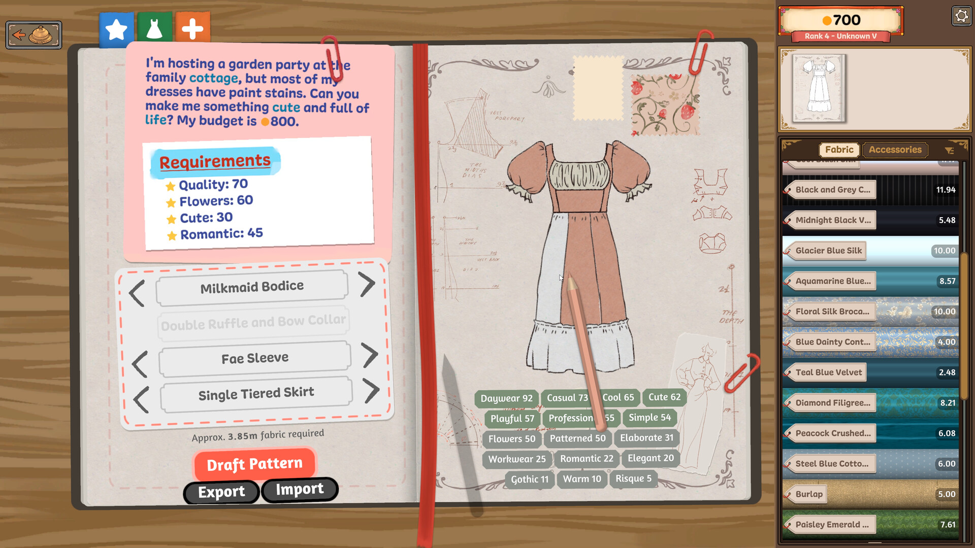 Dressmaker review — arranging and cutting dress pattern pieces from fabric in the cozy crafting sim