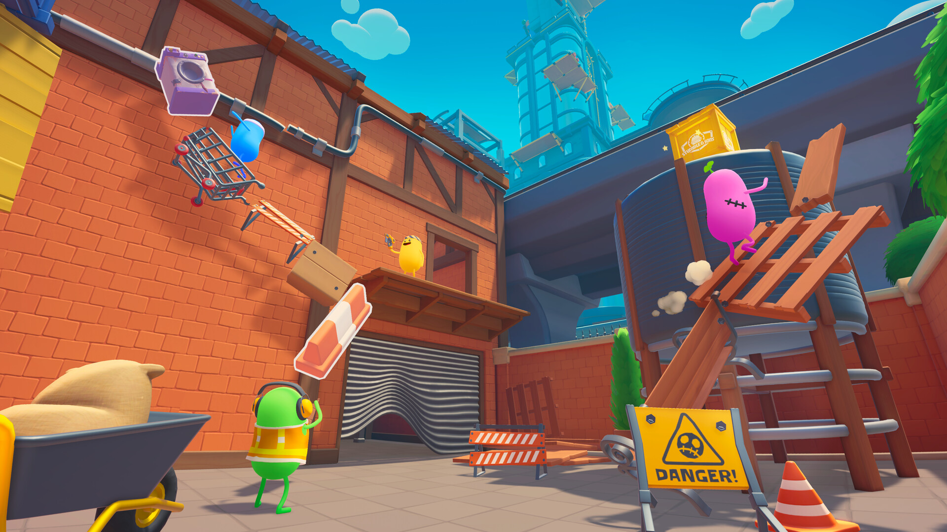 Dumb Ways to Build review — four Beans assembling a precarious structure on a hazardous construction site