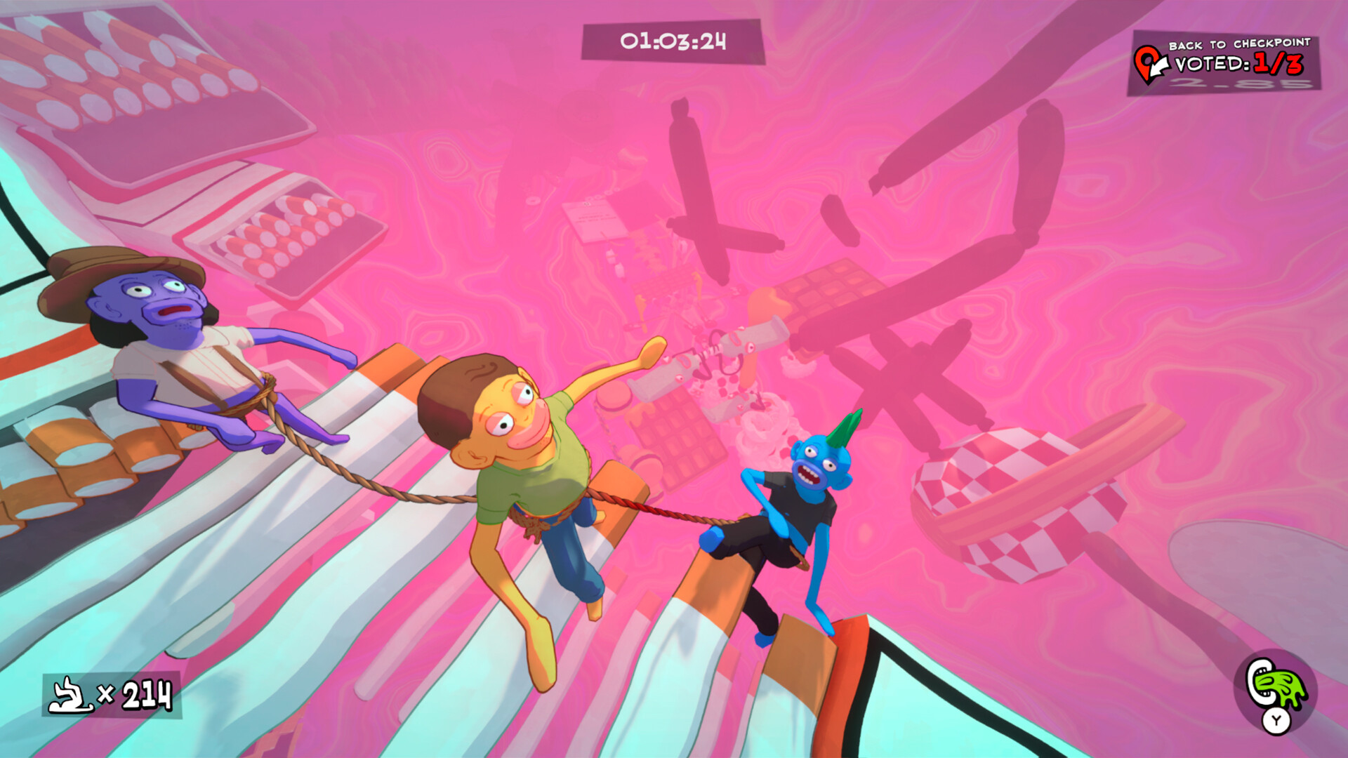 Friendly Steps review — four roped-together characters stumbling through a city at night