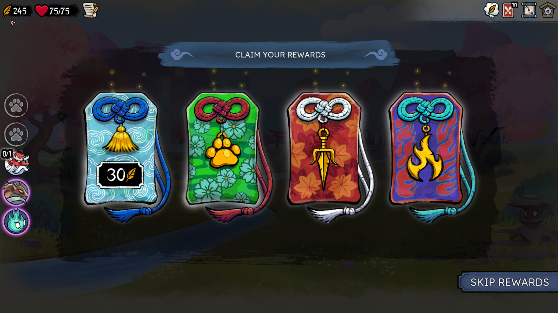 Talespinner review — choosing rewards between encounters in Flash Cat Games' Japanese mythology deckbuilder