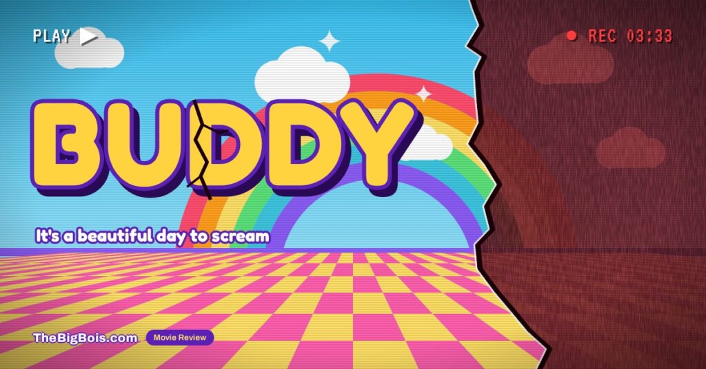 Buddy (2026) review — the orange unicorn Buddy on the set of his 1990s children's television show in Casper Kelly's horror comedy