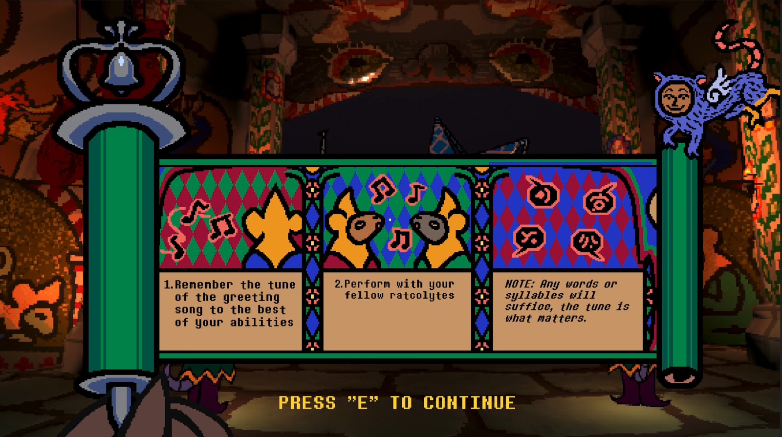 Ratacombs — an illuminated in-game scroll explaining the greeting song rite: remember the tune, perform with your fellow ratcolytes, any words will do