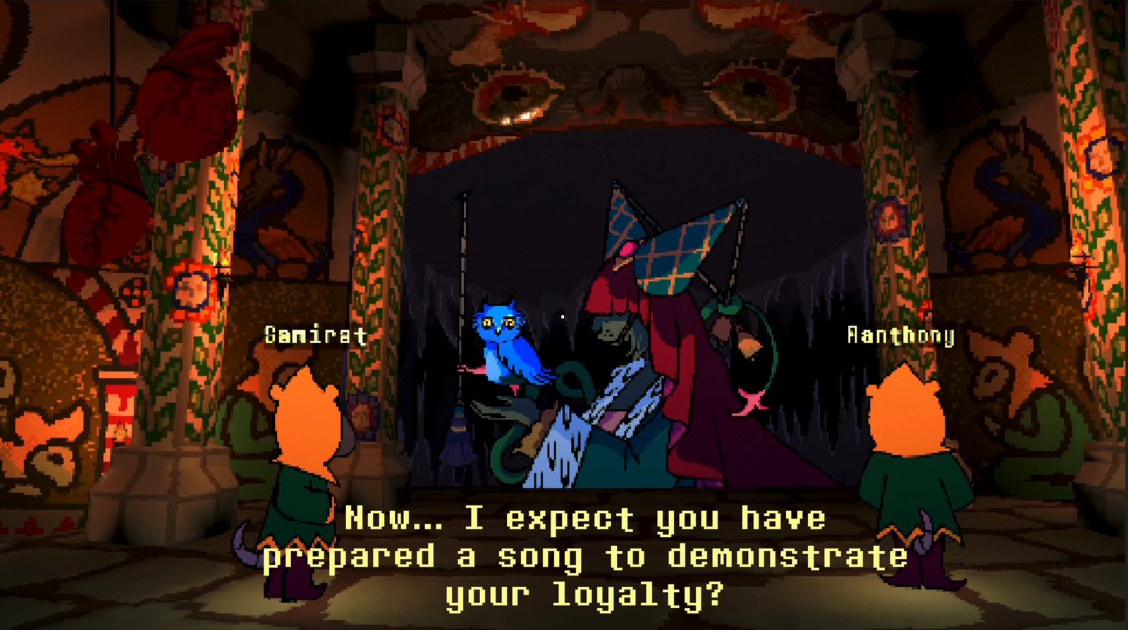 Ratacombs — the Madame addresses two cultist rats, with subtitles asking for a song to prove their loyalty