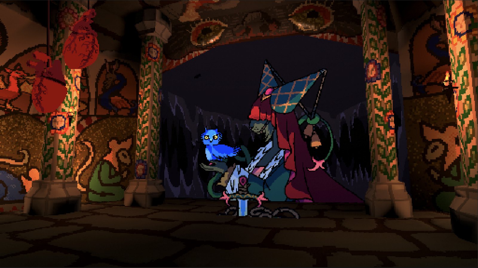 Ratacombs — the empty sacrificial chamber, its walls covered in murals drawn from medieval art