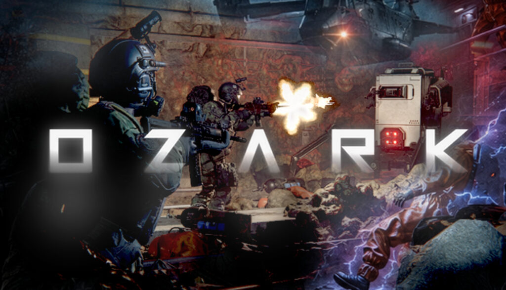 OZARK out now on Steam — a cross-section of a crashed plane and a snowy bunker above red-lit underground facility levels hiding something with glowing eyes