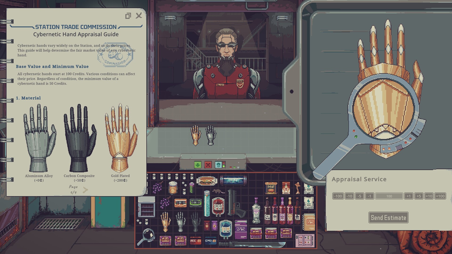 Probably Stolen review — a shopkeeper inspects questionable goods behind the counter of a cyberpunk space station store