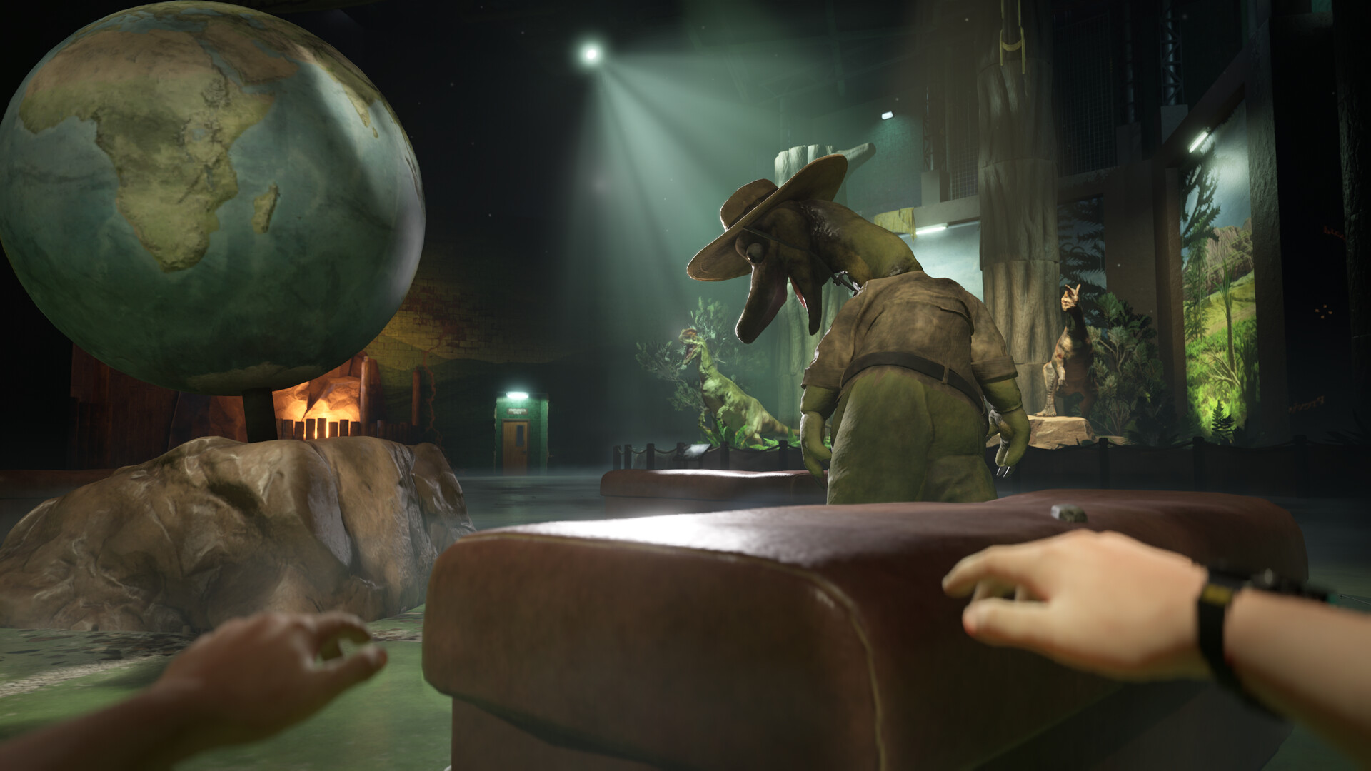 Terrible Lizards review — fleeing a monstrous dinosaur creature through the caverns beneath Dalton's Dinos