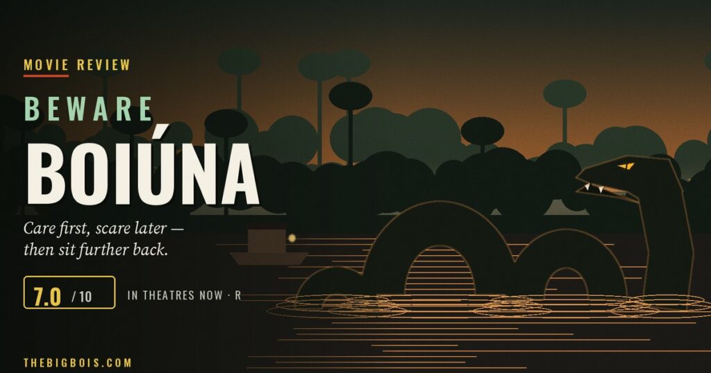 Beware Boiúna Review — The Giant Snake Movie That Makes You Care First and Scare Later Beware Boiúna review — a giant serpent rising from an Amazon river at dusk beside a small lantern-lit riverboat