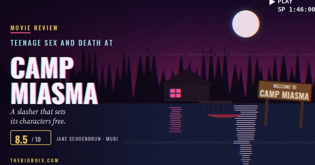 Teenage Sex and Death at Camp Miasma review — a VHS-style lakeside summer camp at night with a glowing cabin and a Camp Miasma sign