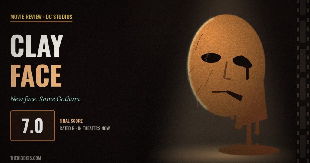 Clayface (2026) movie review — a cracked clay mask melting under a spotlight beside a strip of film
