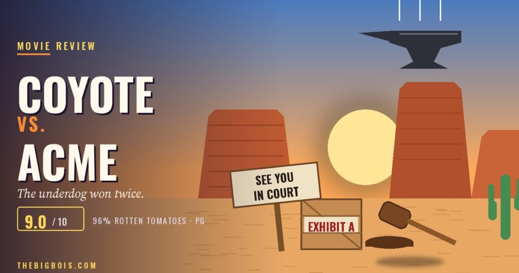 Coyote vs. Acme review — a cartoon anvil falling toward a judge's gavel in a desert, beside an "Exhibit A" crate and a "See You in Court" sign