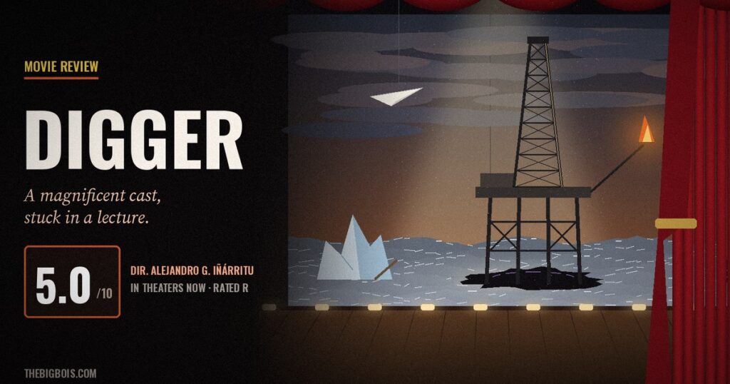 Digger Review — Tom Cruise Is Magnificent in Iñárritu’s Big, Baffling Satire Digger review — an oil rig prop on a spotlight theatre stage with red curtains, a silver ocean and a cardboard iceberg, scored 5/10