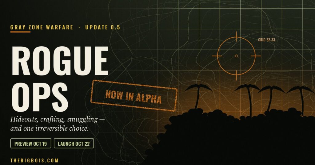 Gray Zone Warfare Update 0.5: Rogue Ops Launches October 22 — Soft Wipe, Split Progression and One Irreversible Choice Gray Zone Warfare Update 0.5: Rogue Ops — tactical map of a jungle ridge with a targeting reticle and a "Now in Alpha" stamp