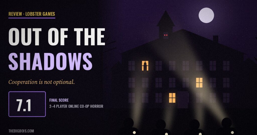 Out of the Shadows review — four players shine flashlights at a haunted mansion where something watches from the windows