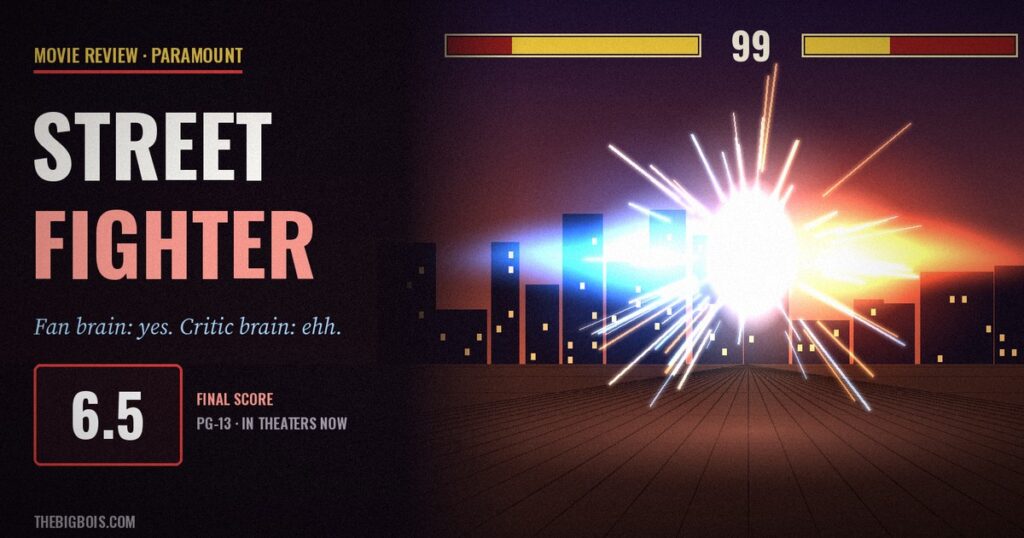 Street Fighter (2026) movie review — a blue energy blast and a red fireball collide above a city at dusk, under arcade-style health bars