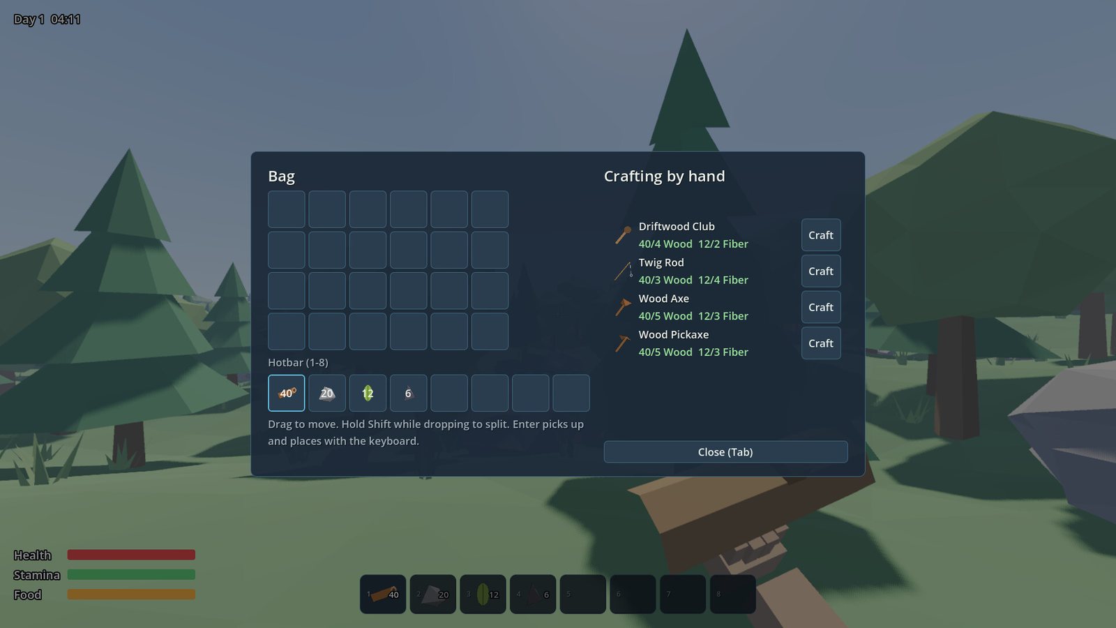 TIDEBREAK crafting menu on Day 1 showing the Driftwood Club, Twig Rod, Wood Axe and Wood Pickaxe recipes