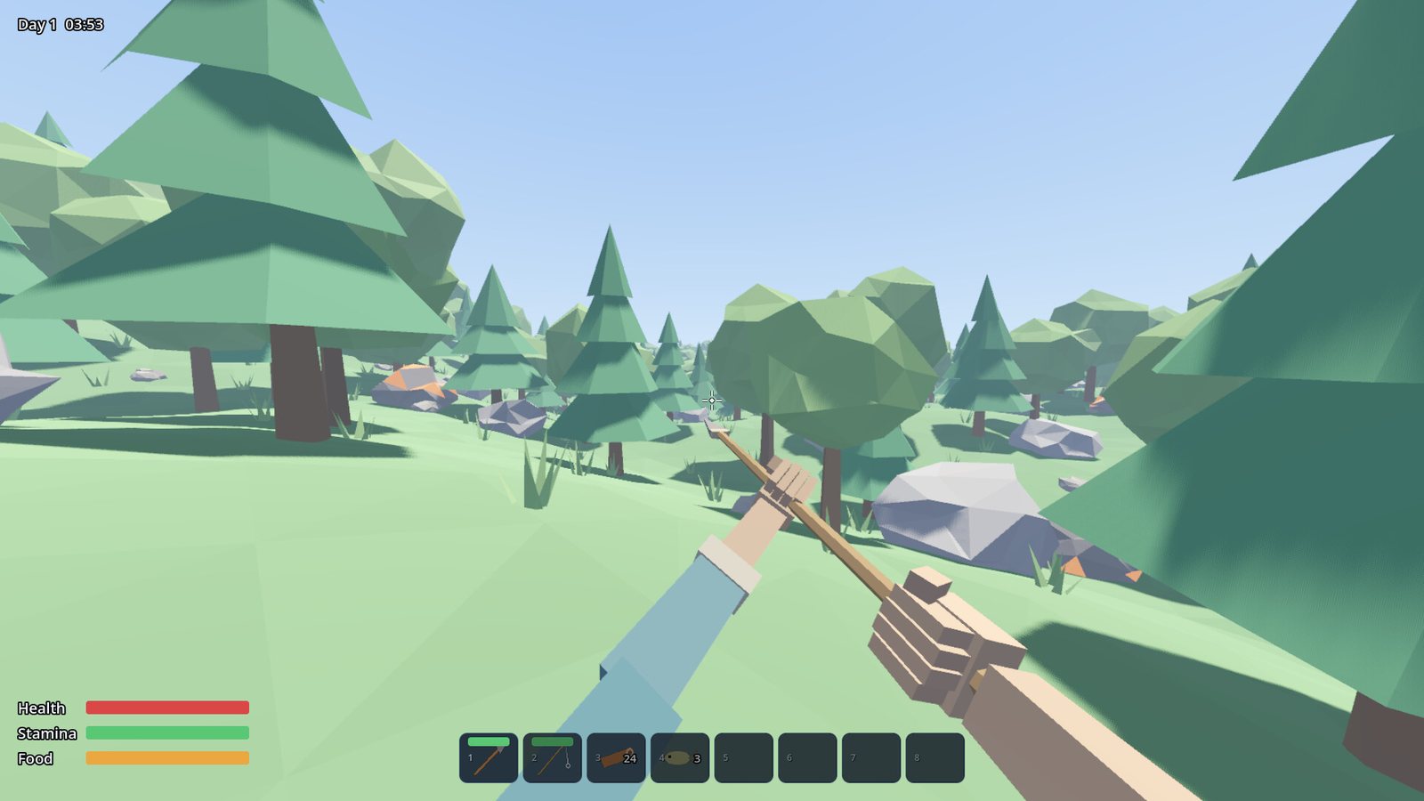 TIDEBREAK daytime low-poly forest with rocks and pine trees, seen in first person