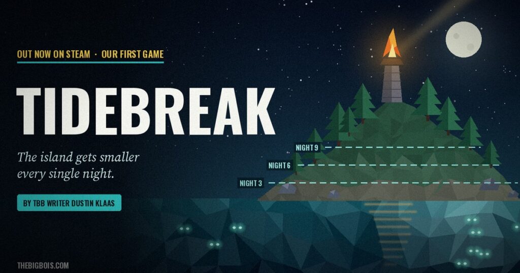 TIDEBREAK launch artwork — a low-poly island at night with a lit beacon on its peak and rising tide lines marked night 3, night 6 and night 9