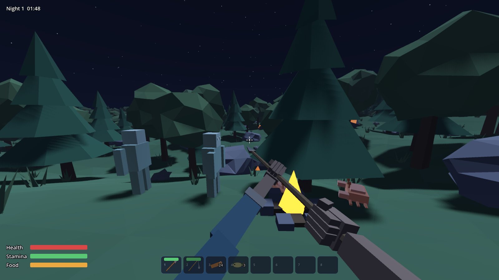 TIDEBREAK at night, with figures and a creature approaching a campfire in a low-poly forest