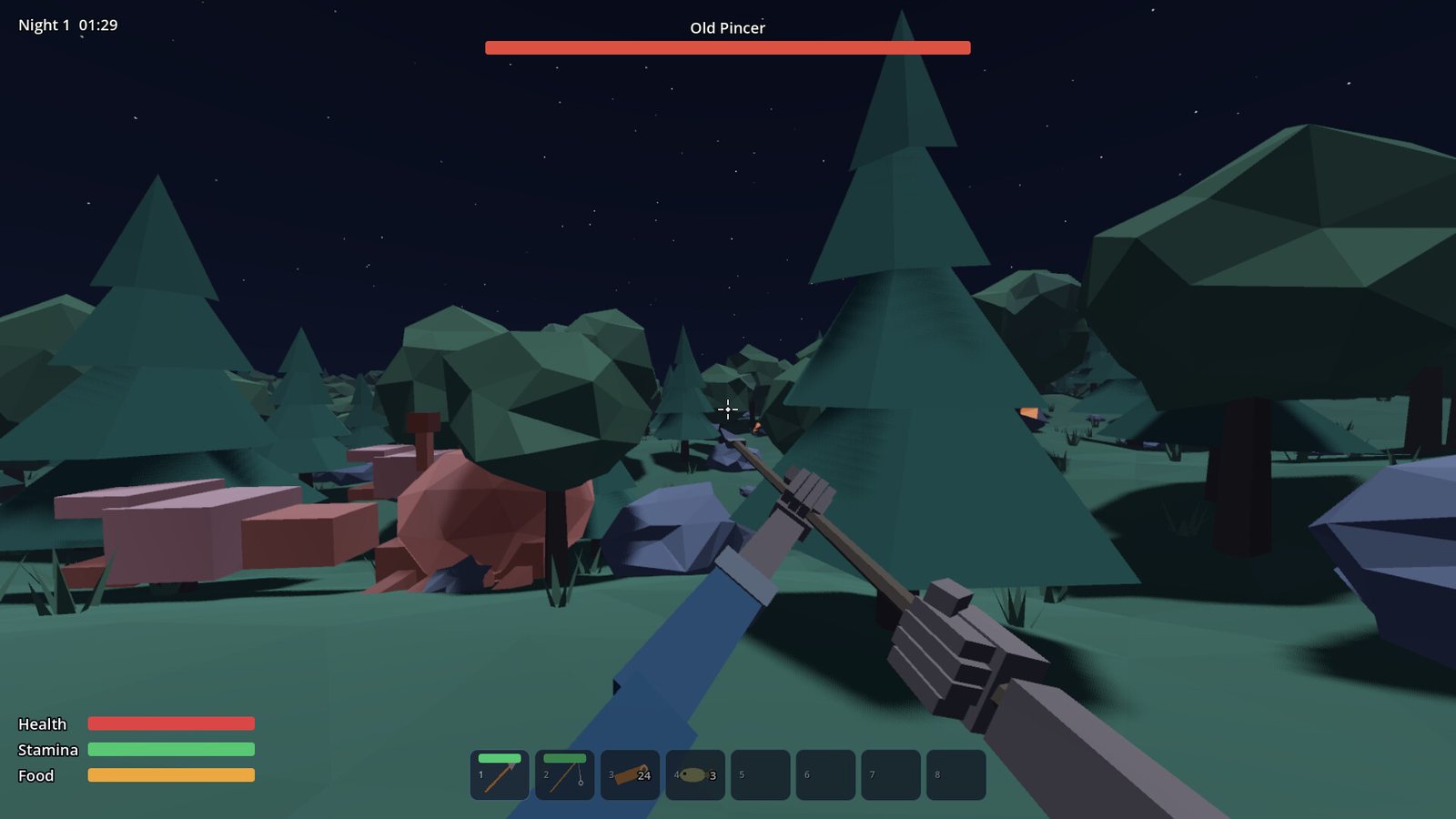 TIDEBREAK boss fight against Old Pincer at night, with the boss health bar at the top of the screen