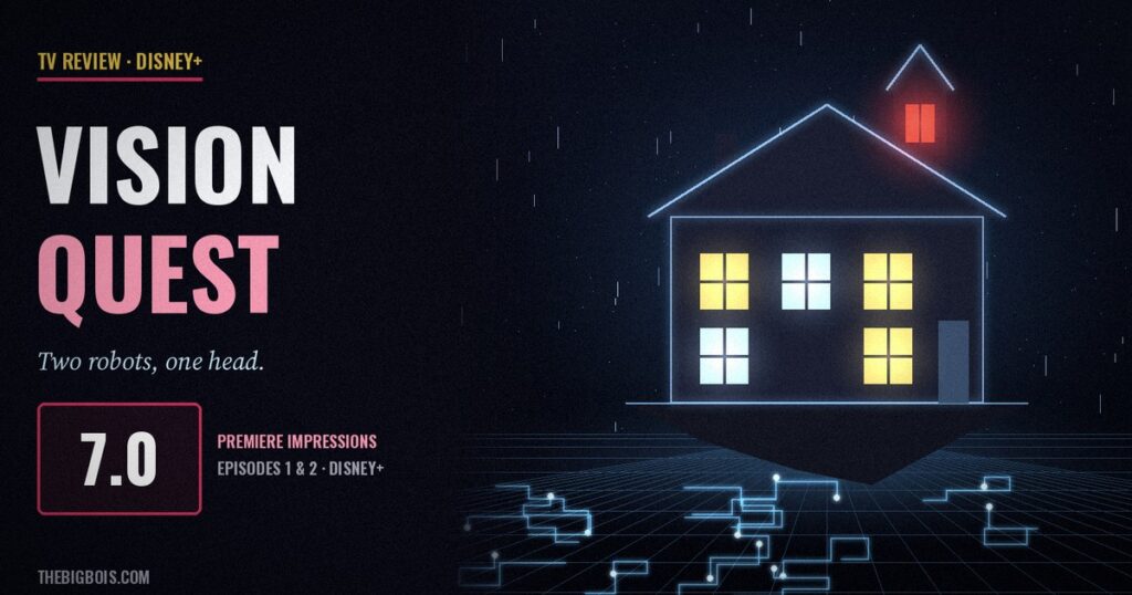VisionQuest premiere review — a glowing house floating in a digital void, with five lit windows and one red window in the attic