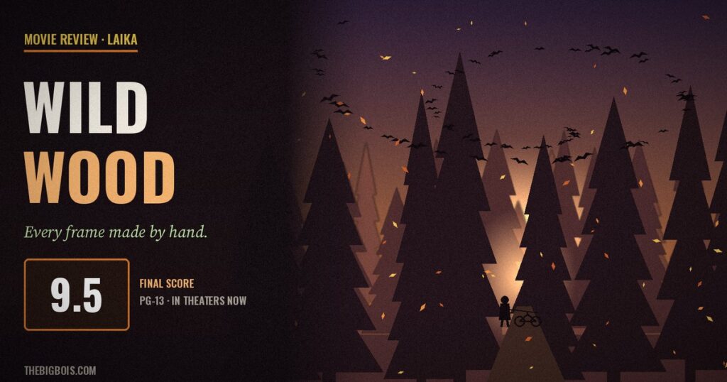 Wildwood (2026) movie review — a murder of crows circles above a glowing clearing in a dark autumn forest as a lone traveller with a bicycle walks the path